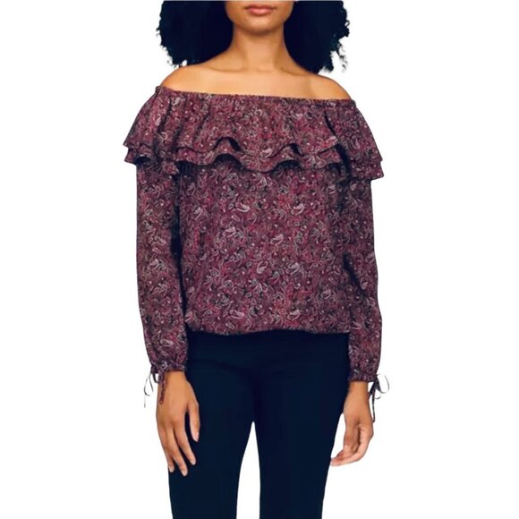 Michael Kors Womens Size 3X Burgundy Off Shoulder Paisley Ruffle Top Blouse NWT - Picture 3 of 9
